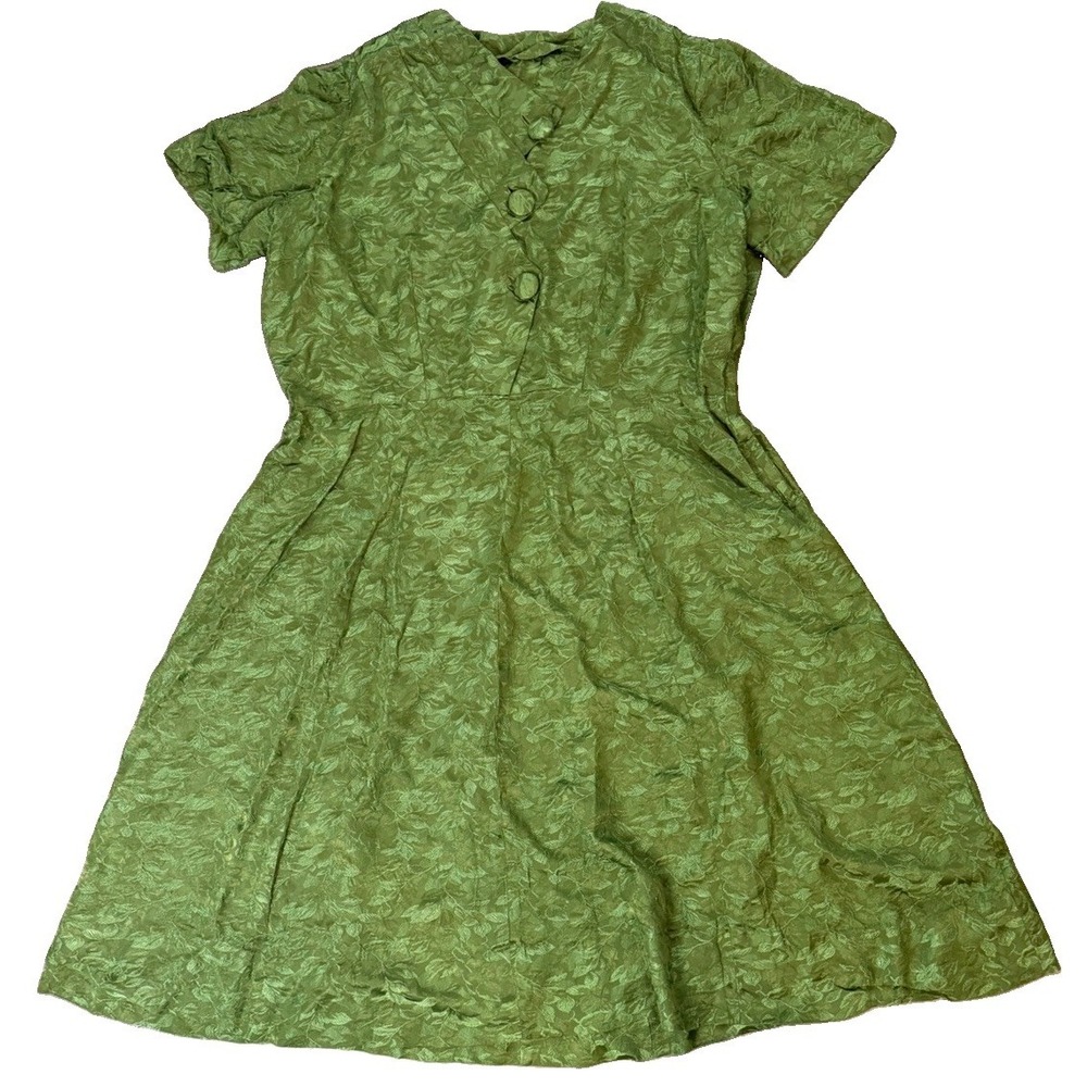 Vintage Green Jacquard Fit & Flare Dress Leaf Print Covered Buttons XL - Picture 1 of 7